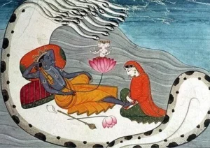 Vishnu e sua moglie Lakshmi sulla serpe Adishesha